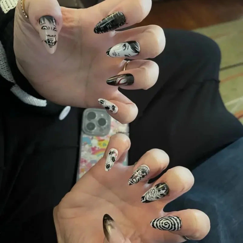 24Pcs Horror Comic Tomie Press on Nails Almond Glossy Black Japanese Anime Nails Reusable Halloween False Nail Tips for Girls.