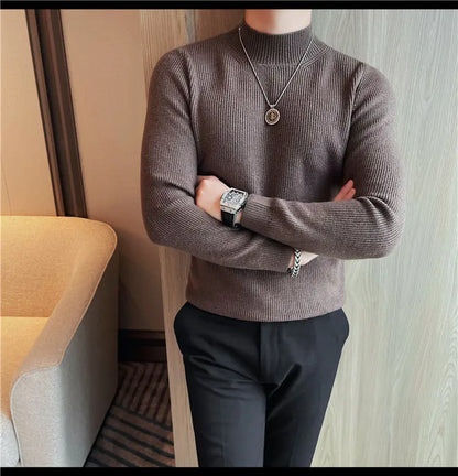 Half Turtleneck Sweater Men with Striped Wool in Autumn Winter Thickened Slightly Loose Base Knitted