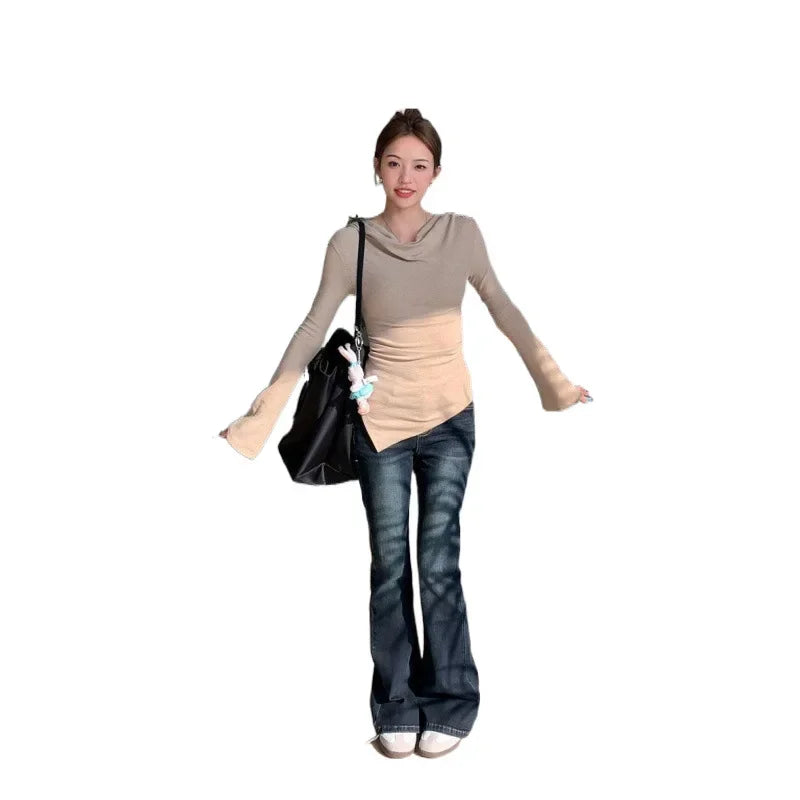 Irregular Waist Pleated Long Sleeve Base Shirt Spring T-Shirt Women's Spicy Girl One Shoulder Top Fashionable Casual Wear.