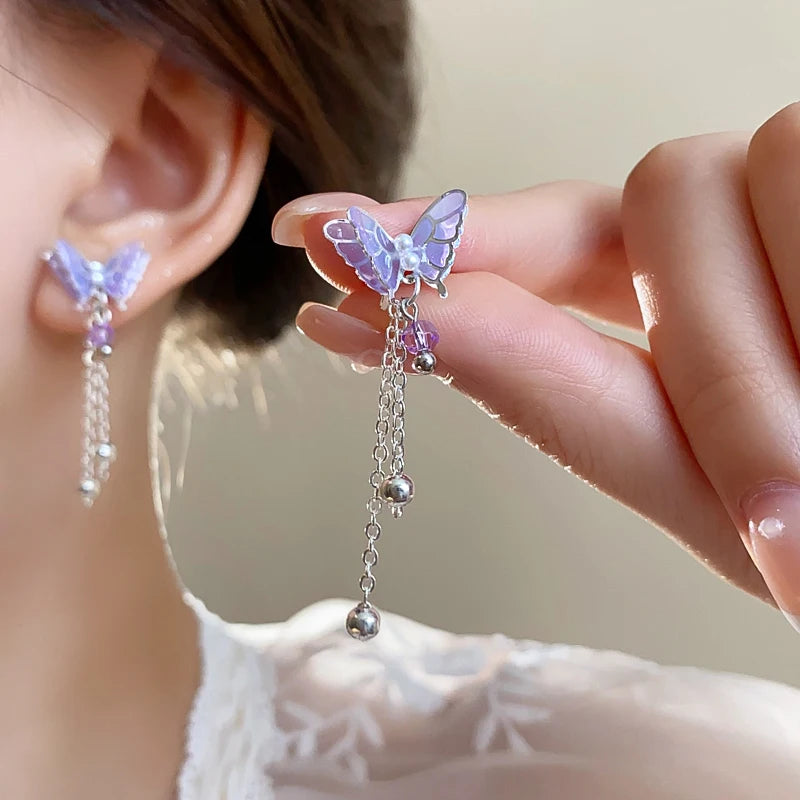 Pink Butterfly Earrings With Long Tassel Sparkly Zircon Crystal Imitation Pearl Beads Earrings Light Luxury Party Ear Jewelry.