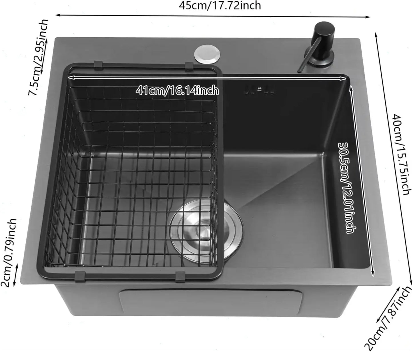 Küchenspüle 45x40cm Spülbecken Einbauspüle mit Abflusskorb und Seifenspender Edelstahl Spüle Küche Waschbecken, 1 Becken, Schwar