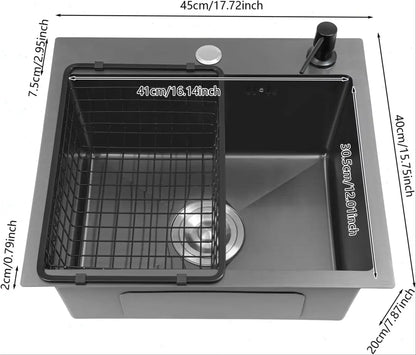 Küchenspüle 45x40cm Spülbecken Einbauspüle mit Abflusskorb und Seifenspender Edelstahl Spüle Küche Waschbecken, 1 Becken, Schwar