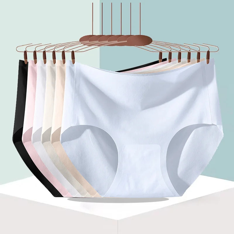 4PCS/Set Women's Ice Silk Seamless Panties Ultra Thin Briefs Breathable Underwear Female High Waist Intimates Lingerie Plus Size