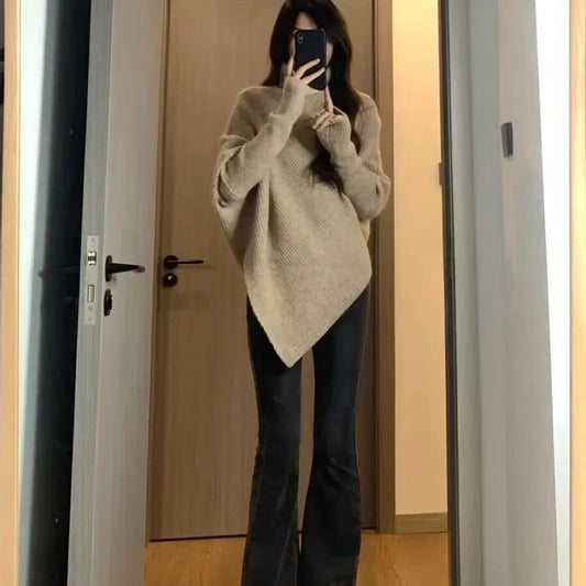 Herbst Winter Neue Frauen Pullover Koreanische Mode Chic Casual Rollkragen Solide Asymmetr Lose Batwing Hülse Pullover Gestrickte Tops