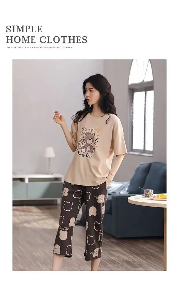 Sommer Neue Damen Pyjamas Homewear Set Kurzarm Pyjamas frauen Sommer Einfache Koreanische Cartoon Lose Große Größe Homewear.
