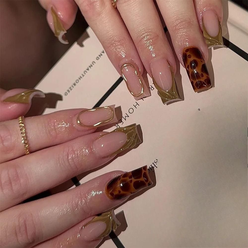 24Pcs 3D Long Ballet False Nails White Coffin Wave with French Design Wearable Fake Nails Gold Line Full Cover Press on Nails.