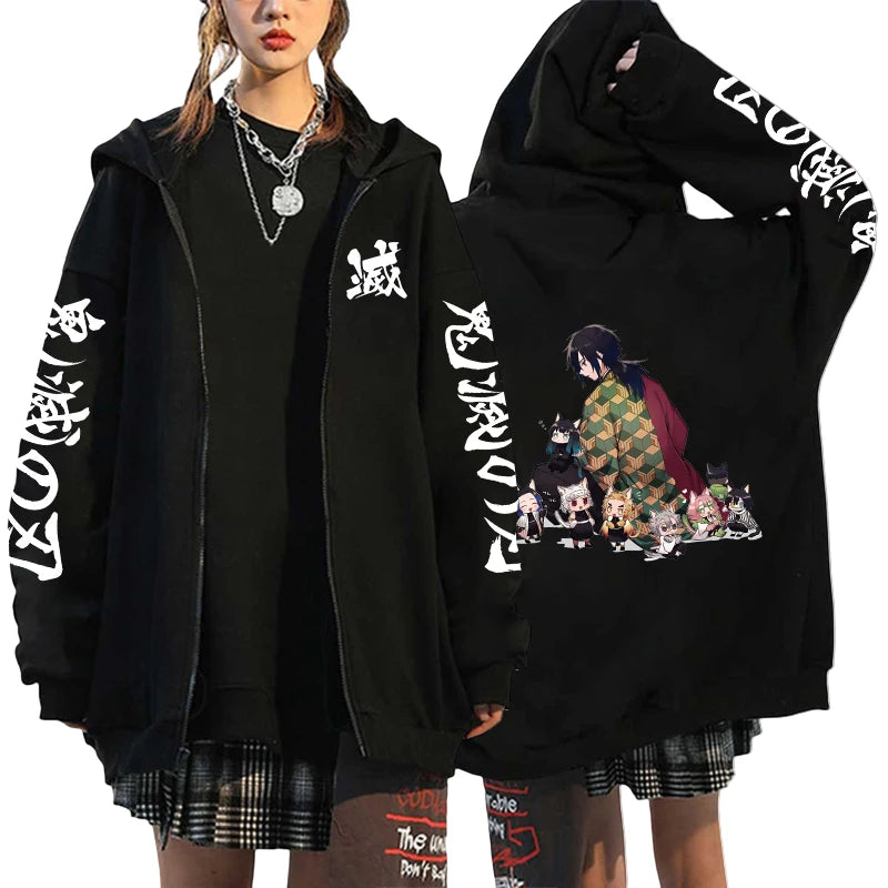 Japan Anime Print Black Hoodie Woman Hooded Long Sleeve Zipper Jacket Tanjirou Zenitsu Inosuke Pattern Sweatshirt Autumn Coat.