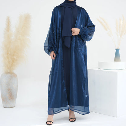 Oem New Design Shinning Polyester Open Abaya and Inner Dress 2 Piece Abaya Set Islamic Clothing Women Muslim Dress.