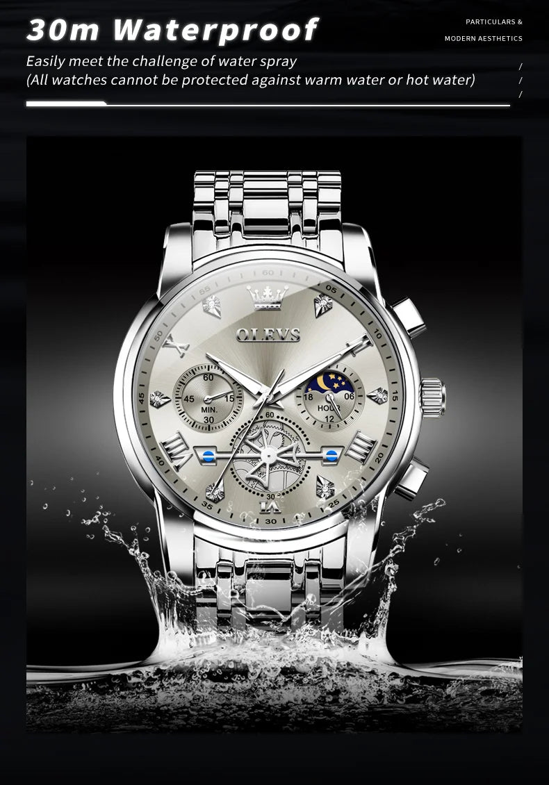 OLEVS Men's Watches Classic Multifunctional Fltwheel Chronograph Original Quartz Wristwatch Moon Phase 24 Hour Waterproof reloj.
