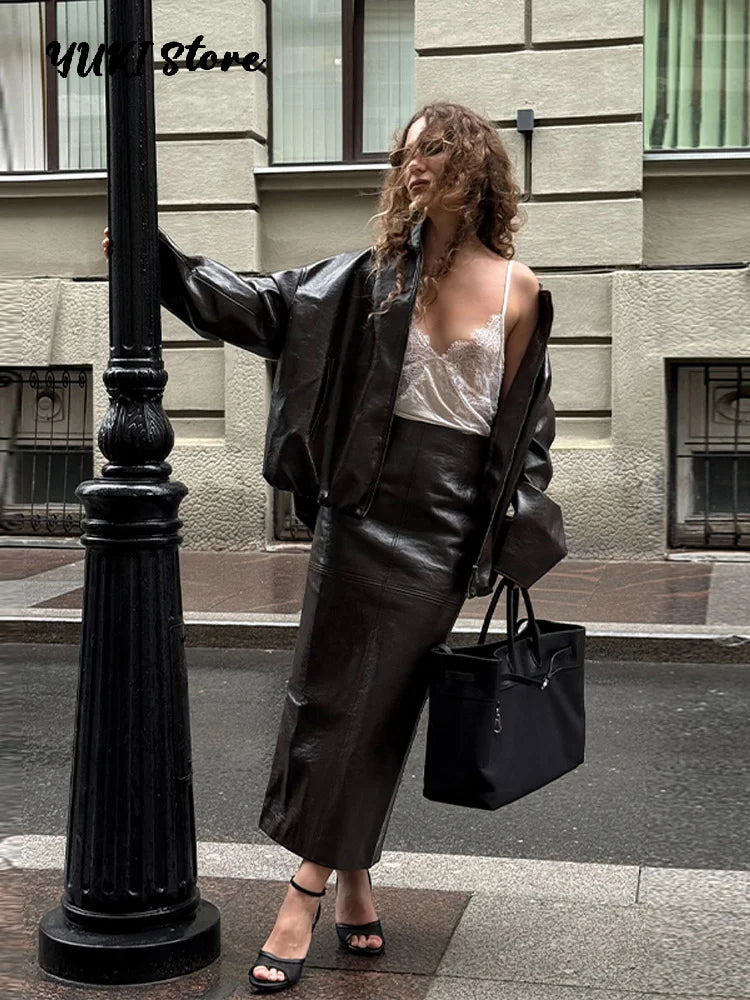 Chic Stand Collar Leather Long Skirt Sets Women Long Sleeve Jackets Spliced Solid Skirts 2025 Autumn Lady Y2k Outfits dress.