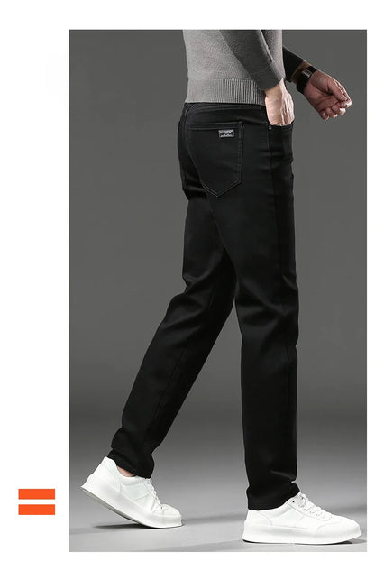 Winter Fleece Thick Warm Jeans Men's Slim Straight Elastic Denim Pants Casual Male Clothing Fashion Plush Trousers.