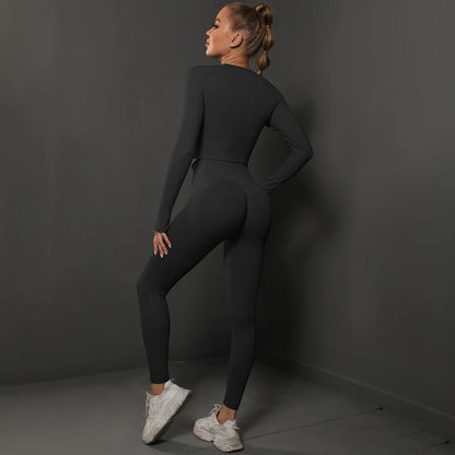 2Pcs Women Sets Energy Seamless Gym Suits Bubble Butt Sports Pants+Long Sleeve Shirts Push Up Running Sets Tracksuits Tights Set.