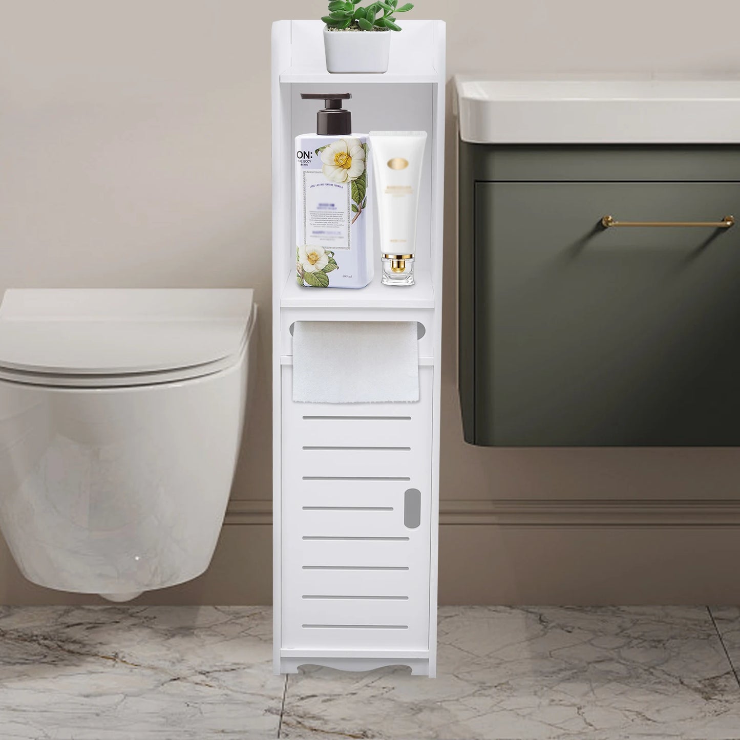 Moderner Badezimmers chrank Holz Kunststoff platte freistehende Toilette hohes schmales Regal weiß 20x20x80cm