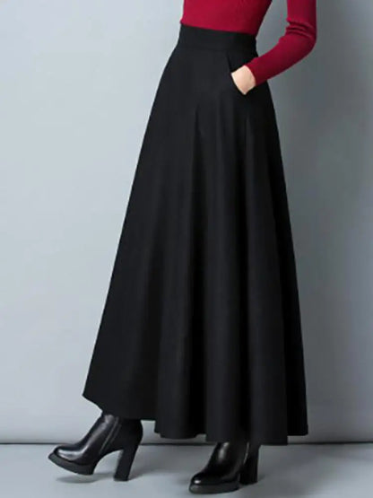 Autumn Winter Black Gray Large Size Woolen Long Skirt Women Fashion Korean Ladies Red High Waist Festival Pleated A-line Skirts.