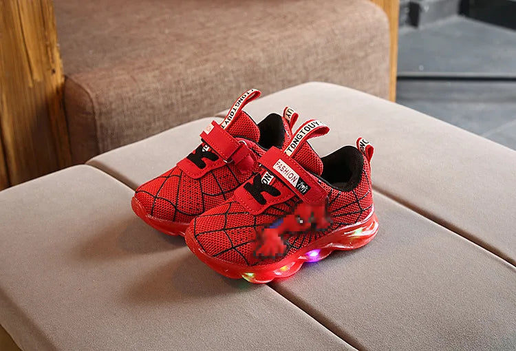 Disney LED Casual Sneakers Red Black For Spring Boys Spider-man Mesh Outdoor Shoes Children Lighted Non-slip Shoes Size 21-30.