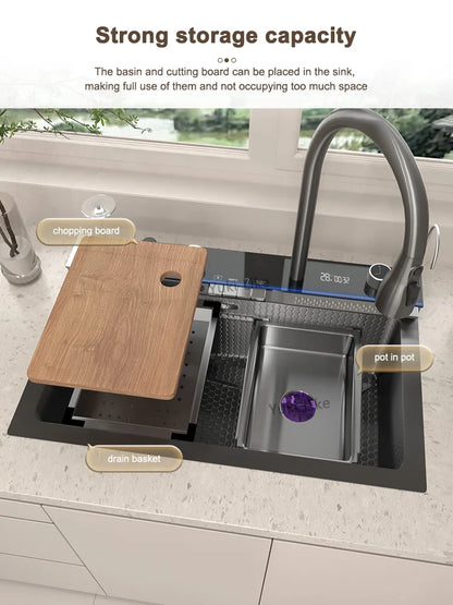 Waterfall Stainless Steel Kitchen Sink Intelligent Digital Display Faucet Large Single Slot Dishwash Bowl Wash Vegetables Basin