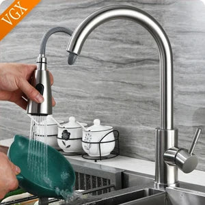 VGX Brushed Kitchen Faucet Sink Faucets Rubber Pull Down Stream Sprayer Taps Rotatable Kitchen Mixer Water Tap Hot Cold Crane