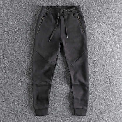 Autumn Winter American Retro Thick Sweatpants With Velvet Men's Pure Cotton Washed Heavyweight Knitted Sports Ankle-tied Pants.
