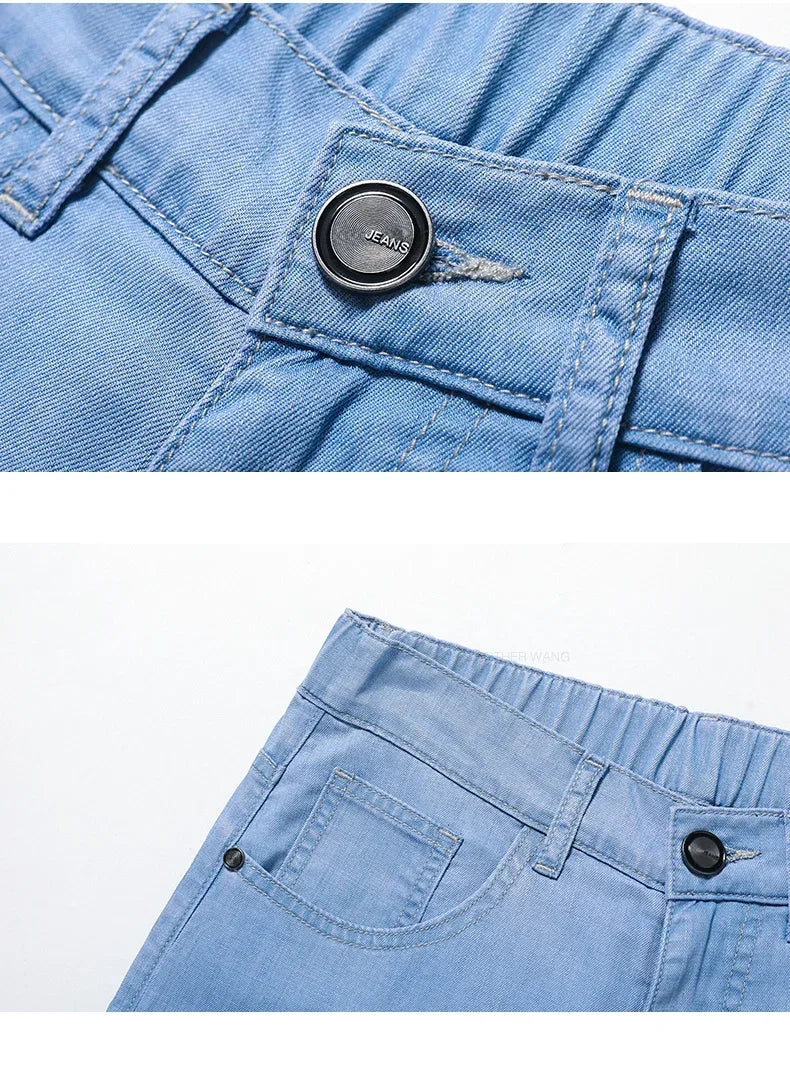 Summer Ultra Thin Men's Loose Jeans Lyocell Ice Silk Fashion Casual Business Denim Pants Straight Stretch Male Trousers