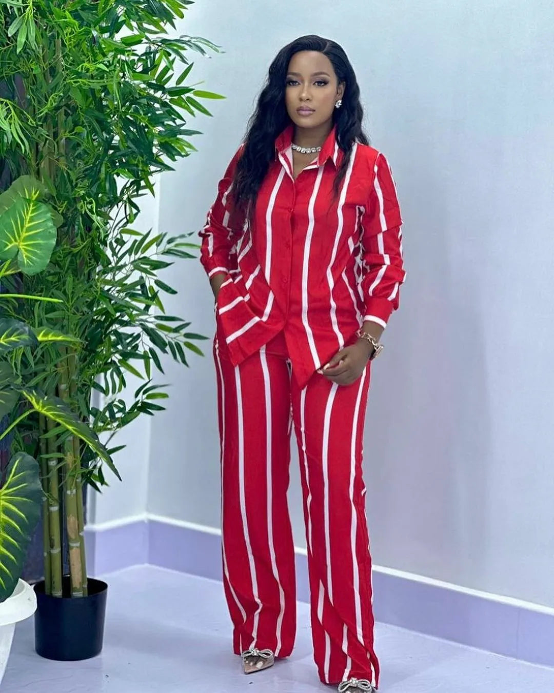 Fashion Striped Print Suit For Women Elegant Lapel Long Sleeved Shirt Elastic Waist Wide Leg Pants Two Piece Set 2024 Autumn New.