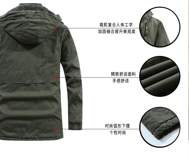 Parkas Coat Military Windproof Hooded Jackets Man Washed Cotton Thick Fleece Casual New  Winter Warm Varsity Jacket Men.
