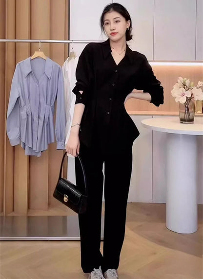 Waist Cinched Slimming Long Sleeve Shirts Women Spring Autumn All-Match Single Breasted Chic Shirt New Temperament Solid Tops.