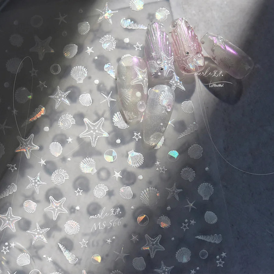 Ocean Theme 5D Nail Sticker Summer Beach Seashells Starfish Conch Scallop Shell Coral Self Adhesive Decoration Manicure Decal.