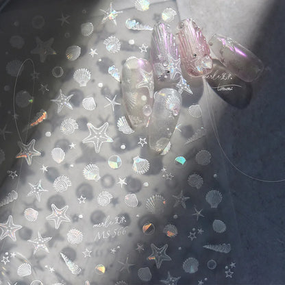 Ocean Theme 5D Nail Sticker Summer Beach Seashells Starfish Conch Scallop Shell Coral Self Adhesive Decoration Manicure Decal.