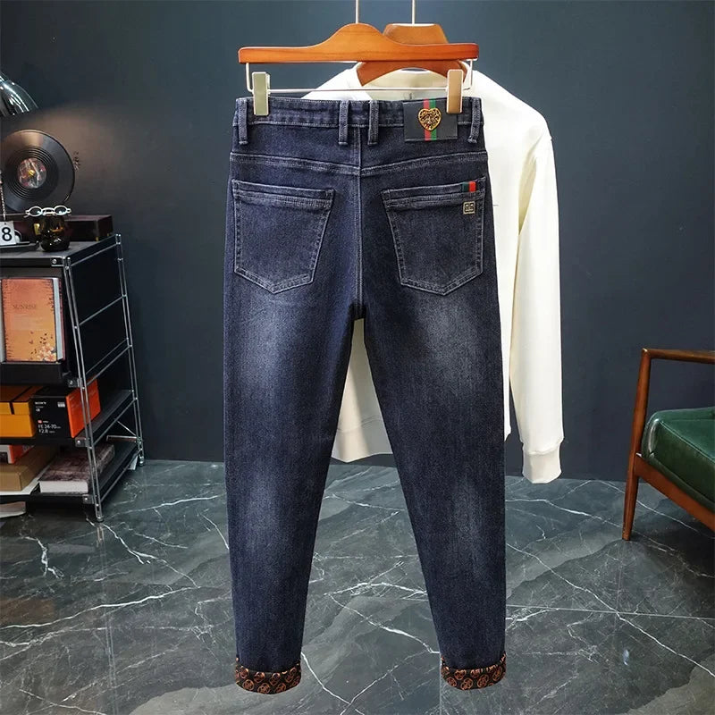Gestickte Slim-Fit-Jeans mit geradem Bein, High-End-Freizeithose für Herren, durchgehender Bodendruck, dehnbar, trendige Marken-Freizeitjeans.
