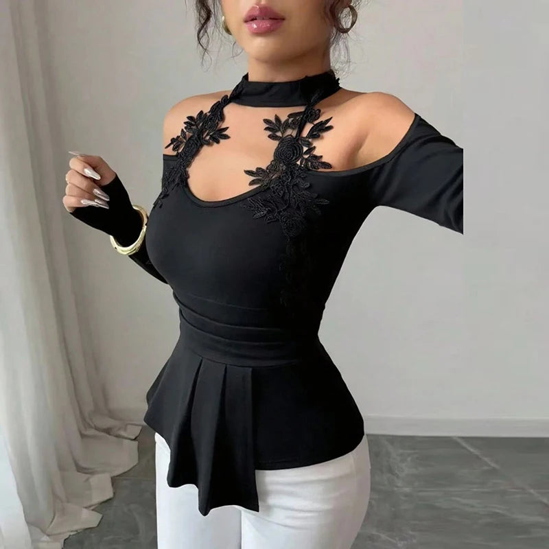 Fashion Women Blouses Sexy Cold Shoulder Skinny Top Elegant Long Sleeve Shirt Women Sexy Tops Female All Match Shirt Black.