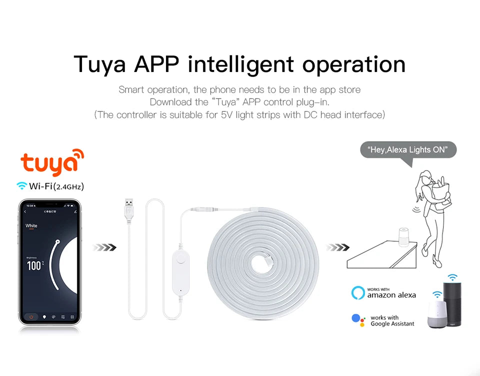 DC 5V USB Neon Light LED Strip Tuya Smart Life Wifi App Control Neon Tube Tape Garden Xmas DecorWork with Alexa,Google Home.