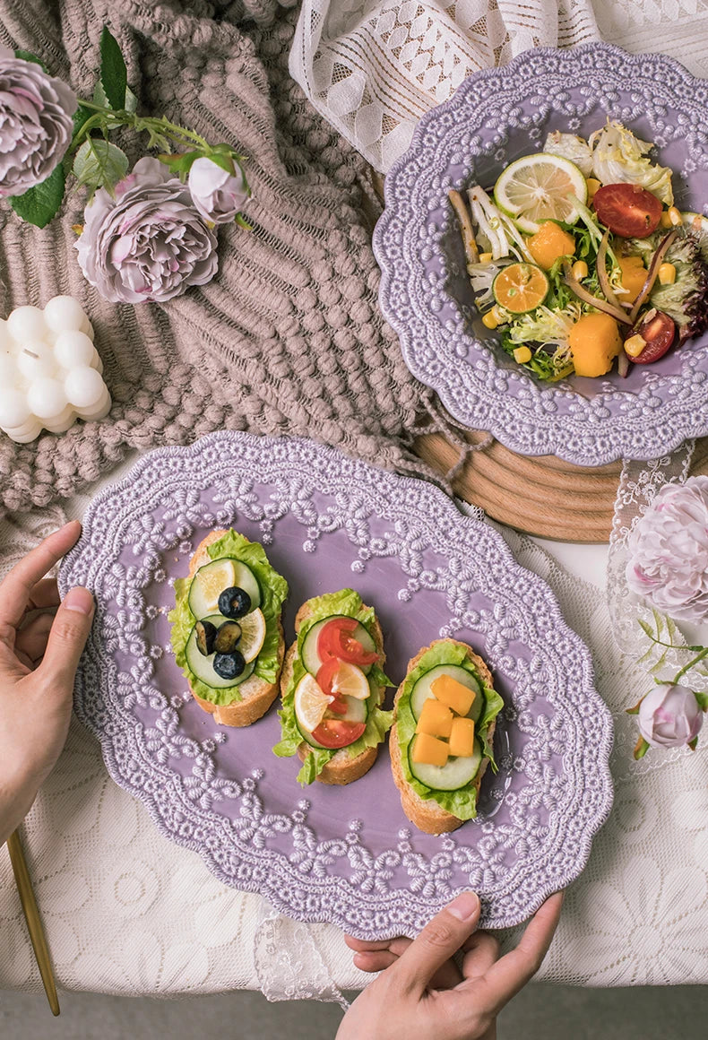 Solid Color Ceramic Tableware Lace Embossed Ceramic Tableware Bowl Plate Cup Rustic Irregular Dinner Plate  Dinner Plates.