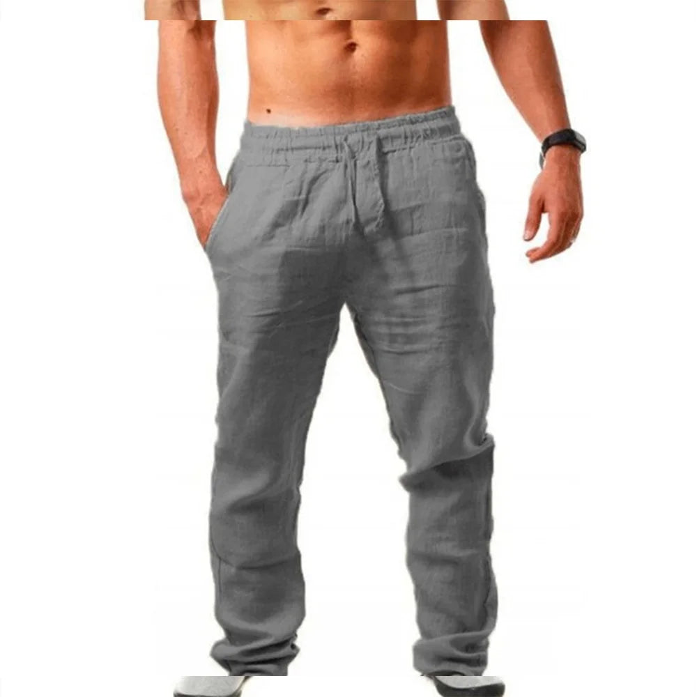 Men's Cotton Linen Pants Summer Solid Color Breathable Linen Trousers Male Casual Elastic Waist Fitness Pants Hip-Hop Streetwear.