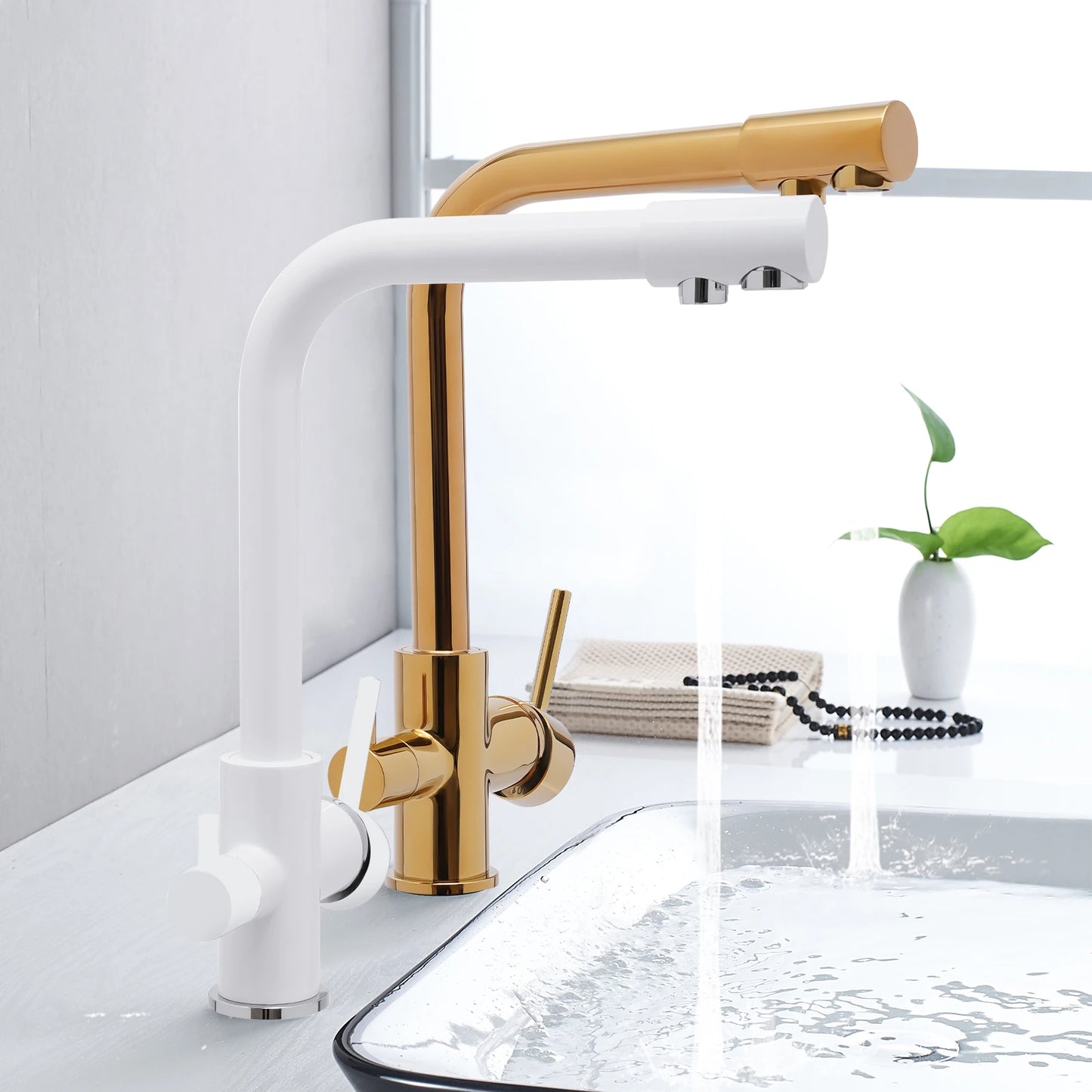 White/Gold 3-way Kitchen Faucet Stainless Steel Countertop Faucet Suitable for Homes, Restaurants, Hotels, Kitchens