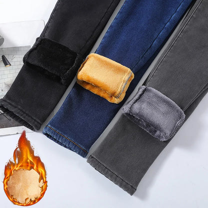 Frauen Thermische Dünne Jeans Mom Winter Warme Plüsch Stretch Jeans Dame Fleece Schnee Denim Hosen Student Bleistift Gerade Bein Hosen