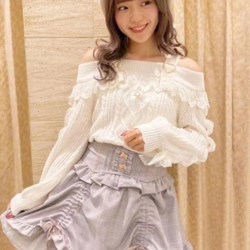 Vintage Sweet Lolita Style Knitted Pullover Autumn Girls Cute Off Shoulder Lace Ruffles Bow Sweater Women Harajuku Knitwear Tops.