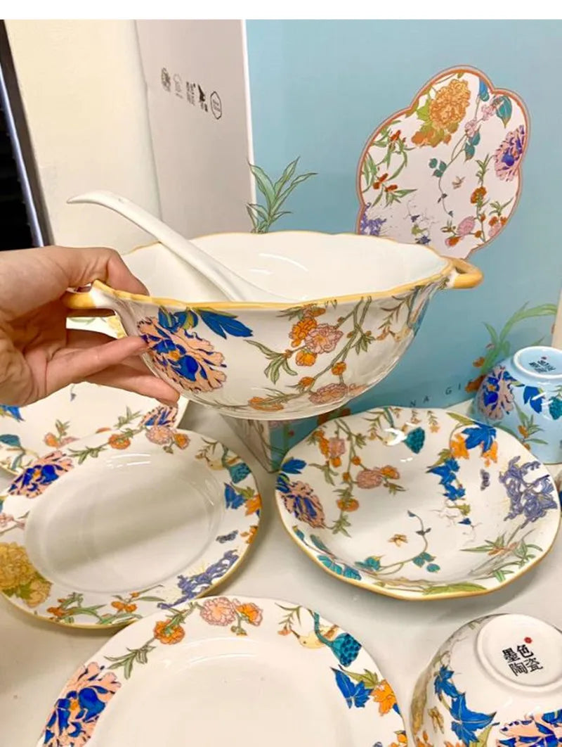 1PC Chinese-style Ceramic Plates New Flower-patterned Dinner Plates Ceramic Fruit Salad Plates Exquisite Kitchen Accessories.