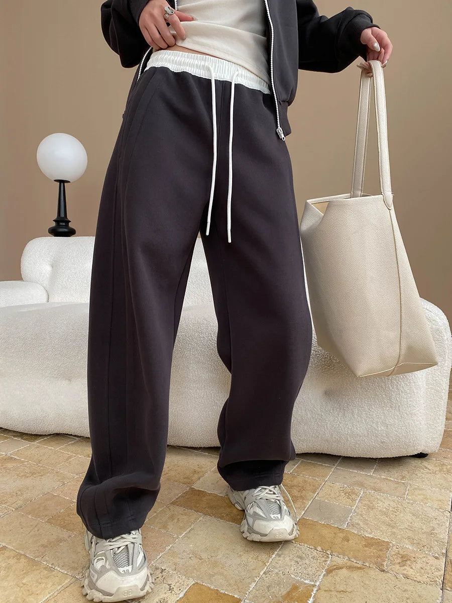 Spring and Autumn Women's Casual Solid Color Loose Hooded Sweatshirt+High Waist Loose Pants Set.