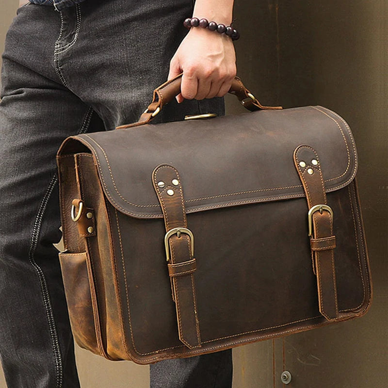 Vintage verrückte Pferd Echt leder Männer Aktentasche große Business-Tasche Einkaufstasche 15.6 "Laptop-Tasche Attache männliche Umhängetasche.