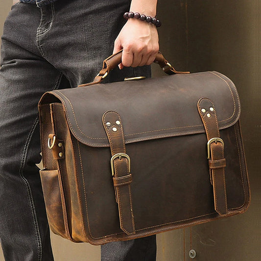 Vintage verrückte Pferd Echt leder Männer Aktentasche große Business-Tasche Einkaufstasche 15.6 "Laptop-Tasche Attache männliche Umhängetasche.
