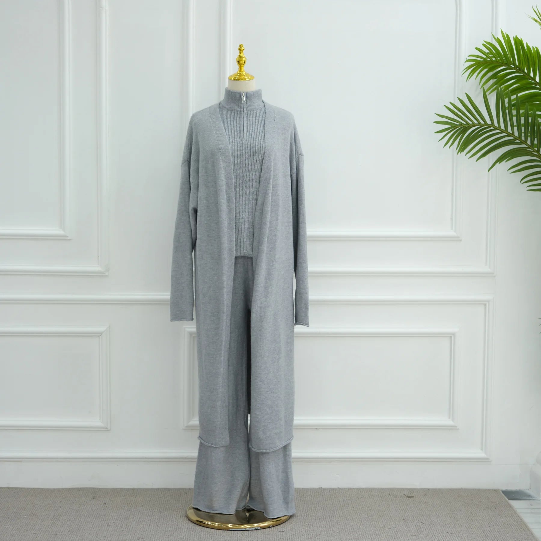 Winter Thicken 3 Piece Muslim Sets for Women Knit Tops Pants Islamic Outfit Sweater Dress Dubai Abaya Kaftan Musulmane Ensembles.