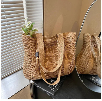 Summer Fashion Women's Large Capacity Shoulder Bag Straw Woven Bag Letter Embroidery Handbag Casual Female Tote Bag Beach Bags.