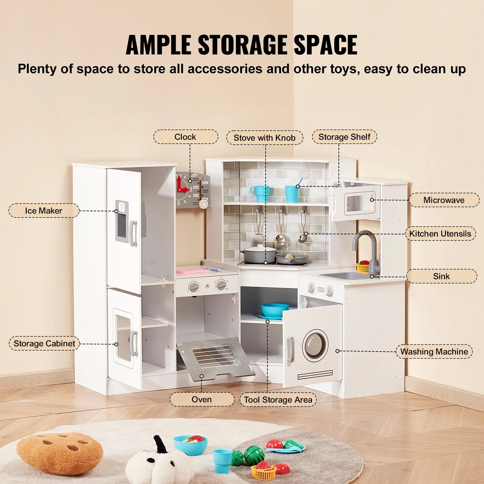 SucceBuy Corner Wooden Play KitchenToys Set Children Kitchenware toys with Lights & Sounds for Kids Preschoolers Girls Gifts.