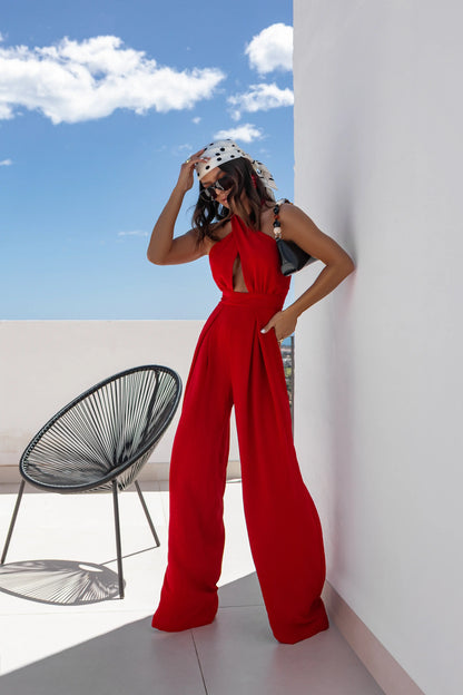 2025 Summer Female Jumpsuits Solid Color Hollow Out But Cross Halter Collar Backless Sexy Lady Wide Legs Jumpsuit Long Pants.