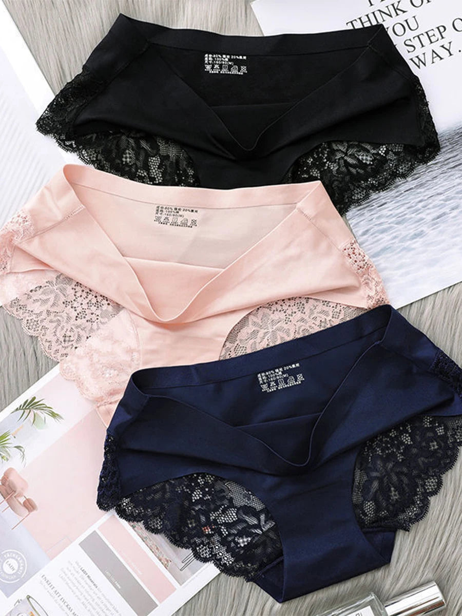 2 Articles Ice Silk Panties Female Mid-waist Non-marking Lace Cotton Crotch Skin-friendly Large Size Breathable Ultra-thin Young.