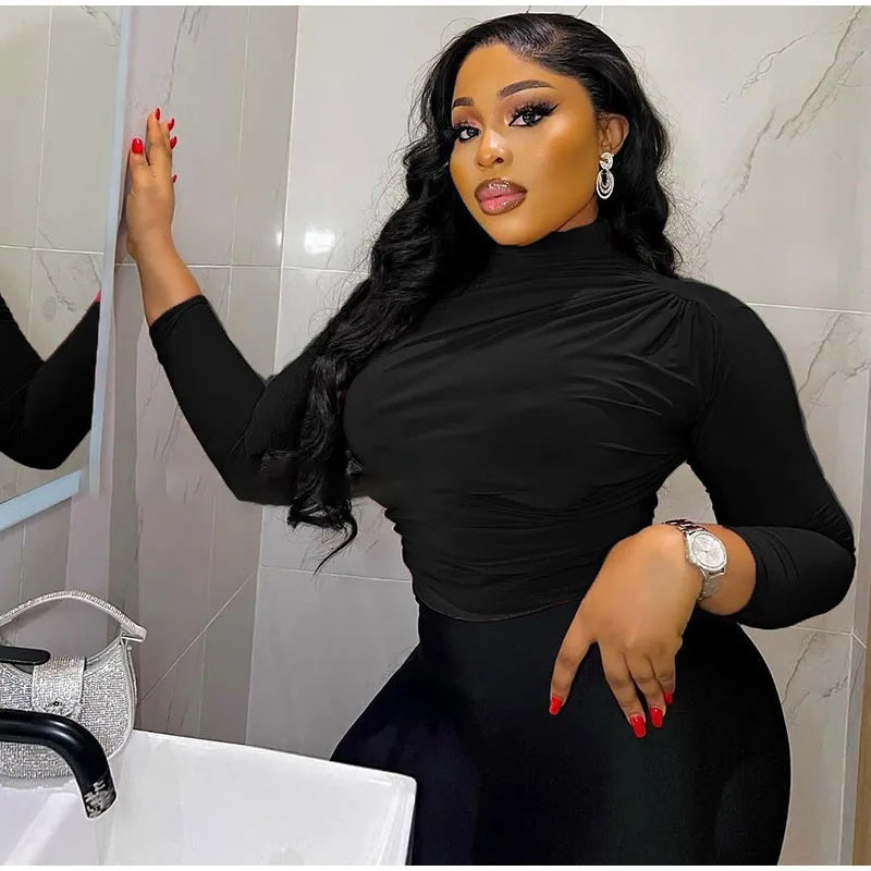 Turtleneck Women Tees Sexy Slim Long Sleeve Pleated All-match Basic Lady T-shirts Spring Autumn Fashion Chic Female Top 2025