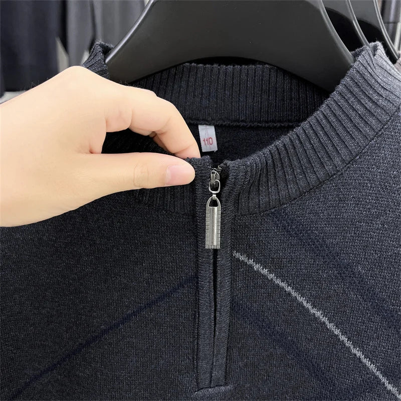 Men's New Thickened Turtleneck Knitwear Autumn Winter New Zipper Solid Color Sweater Middle Aged Warm Knit Top.