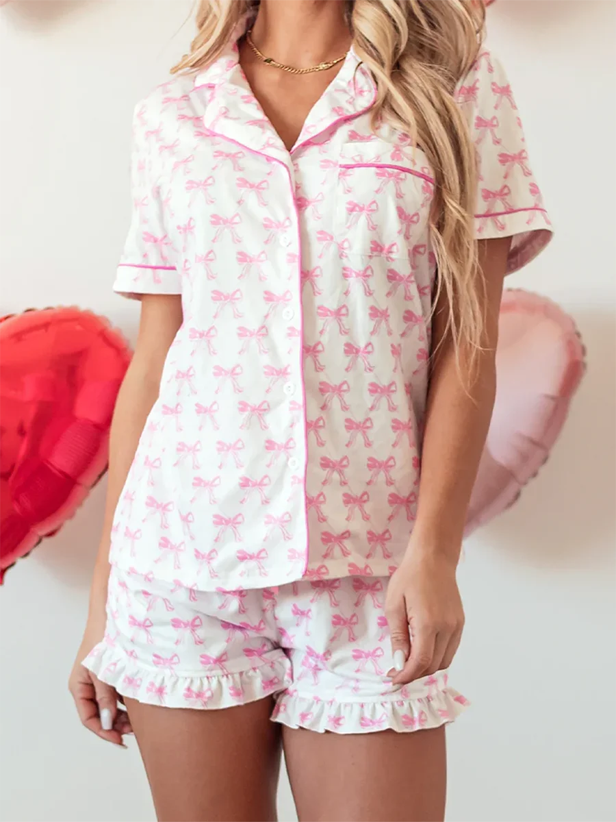 2-teiliges Lounge-Set für Damen, kurzärmelig, Revers, Schleife, Aufdruck, Knopfleiste, Tops, Shorts, Nachtwäsche-Sets.