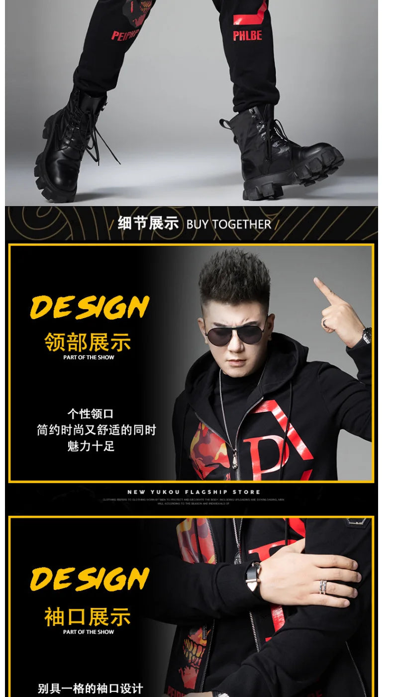 2024 Mens Two Piece Sets Fashion Streetwear Casual Winter Suits Skull Pattern Hooded Black Tracksuit Men Clothes Ropa De Hombre.