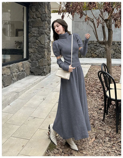 VigoAnne Spring Autumn 2025 Turtleneck Knit Woman 2 Piece Set Casual Solid High Waist Skirts Suits Korean Lady Long Dress Suit